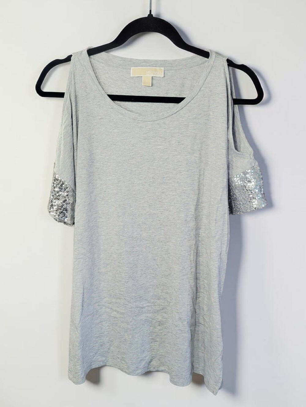 Michael Kors Light Gray Cold Shoulder Tee with Silver Sequin Sleeves